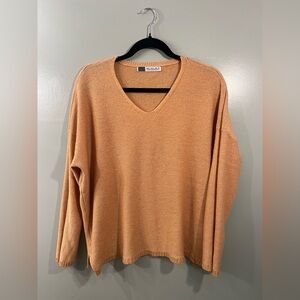 Beige Knit V-Neck Pullover Sweater Women's Size L Long Sleeve Solid